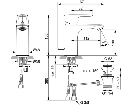 Technische Zeichnung eines Waschtisch Wasserhahns mit Maßangaben