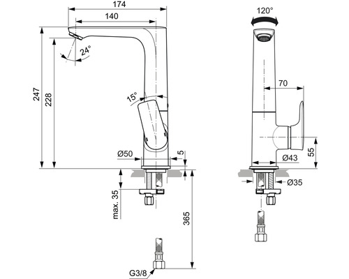 Technische Zeichnung einer Armatur mit Maßangaben