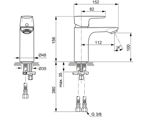 Technische Zeichnung einer Armatur mit Maßangaben