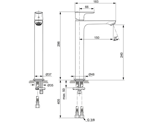 Technische Zeichnung einer Waschtischarmatur mit Maßangaben