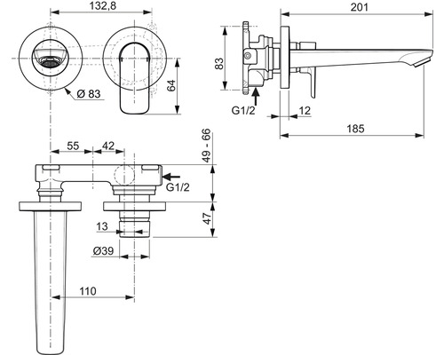 Technische Zeichnung eines Wasserhahns mit Maßangaben