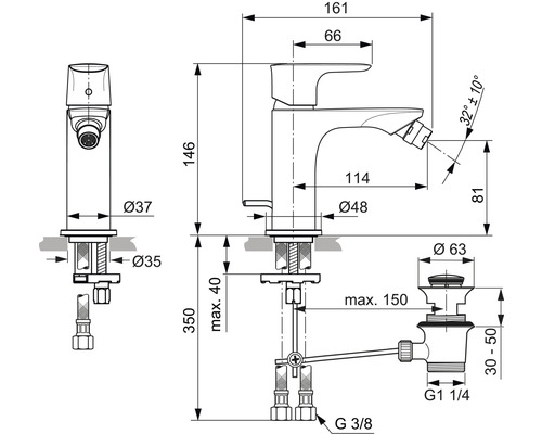 Technische Zeichnung einer Waschtischarmatur mit Bidetfunktion und Maßangaben
