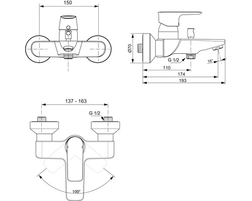 Technische Zeichnung einer Wandarmatur mit Maßangaben