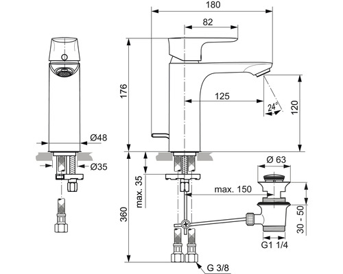 Technische Zeichnung einer Armatur mit Maßangaben