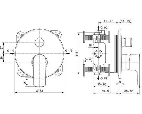 Technische Zeichnung einer Unterputz Armatur mit Maßangaben