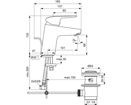 Maßzeichnung Waschtischarmatur mit Ablaufgarnitur