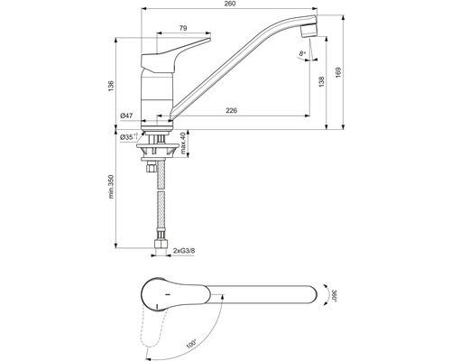 Technische Zeichnung einer Küchenarmatur mit Maßangaben