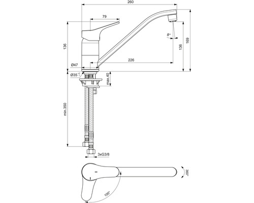Technische Zeichnung einer Küchenarmatur mit Maßen