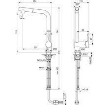 Schéma technique d''un robinet de cuisine avec dimensions