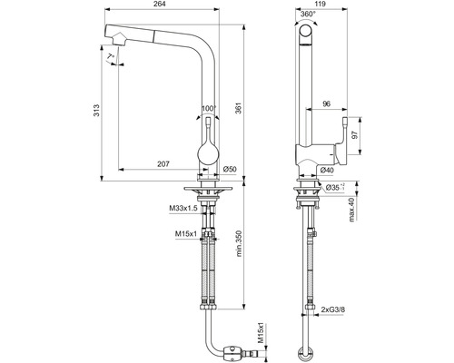 Technische Zeichnung einer Küchenarmatur mit Maßangaben