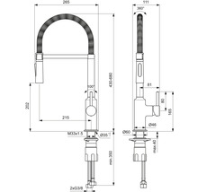 Dessin technique d''un robinet de cuisine avec douchette flexible et indications de dimensions