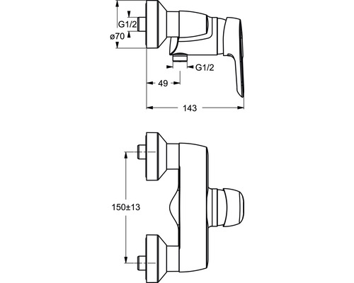 Technische Zeichnung einer Armatur mit Maßangaben.