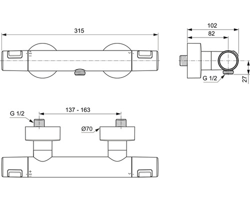 Schéma technique d''un mitigeur de douche avec indication des dimensions