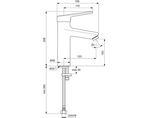 Technische Zeichnung einer Waschtischarmatur mit Maßangaben