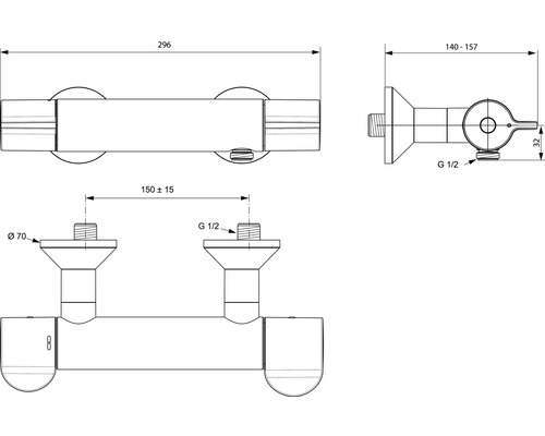 Technische Zeichnung einer Thermostatbatterie mit Maßangaben