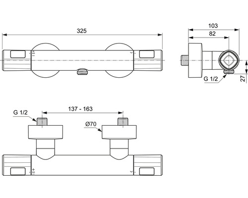 Technische Zeichnung einer Armatur mit Maßangaben