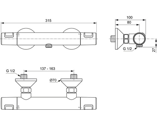 Dessin technique d''un mitigeur de douche avec indications de mesure