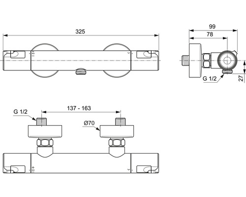 Technische Zeichnung einer Duscharmatur mit Maßangaben