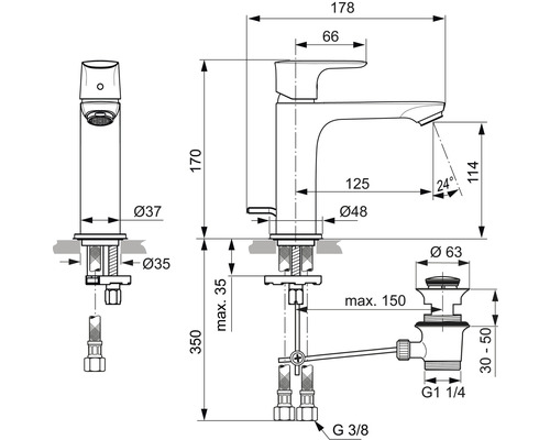 Technische Zeichnung einer Armatur mit Maßangaben
