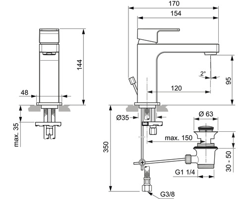 Schéma technique d''un robinet de lavabo avec dimensions
