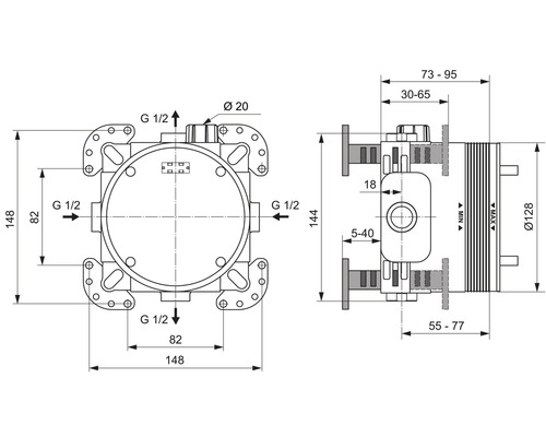 Technische Zeichnung eines Heizkreisverteilers mit Maßangaben.