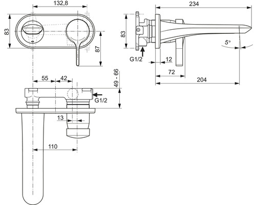 Technische Zeichnung einer Badarmatur mit Maßangaben