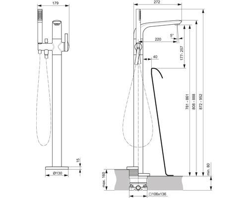 Technische Zeichnung einer freistehenden Badewannenarmatur mit Maßangaben