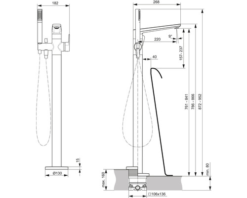 Technische Zeichnung einer freistehenden Badewannenarmatur mit Maßangaben.