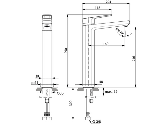 Technische Zeichnung einer Armatur mit Maßangaben