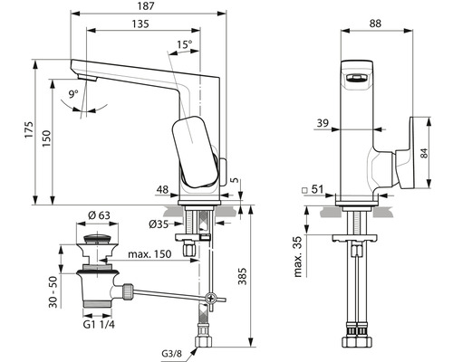 Schéma coté d''un robinet avec les dimensions 175, 150, 9 degrés, 48, diamètre 63, diamètre 35, maximum 150, 30 à 50, G 1 1/4, G 3/8, 385, 187, 135, 15 degrés, 5, maximum 35, 51, 39, 84 et 88.