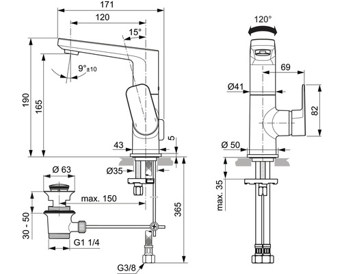 Dessin technique d''un robinet de lavabo avec indication des dimensions