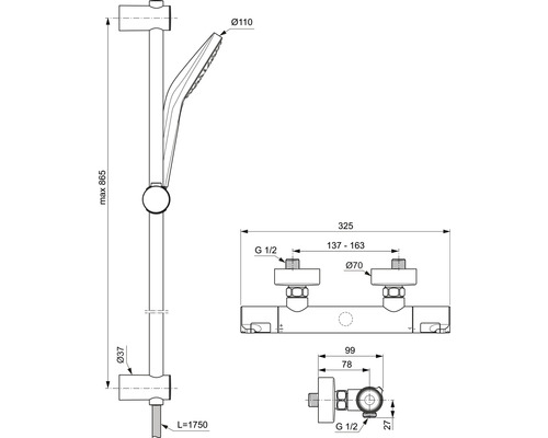 Dessin technique d''une barre de douche avec douchette et indications de dimensions