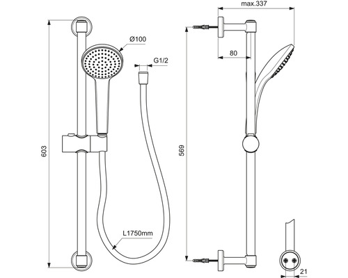 Technische Zeichnung einer Duschstange mit Handbrause, Abmessungen und Anschlüsse dargestellt