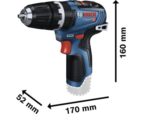 Abbildung eines Bosch Akku-Bohrschraubers mit Größenangaben.