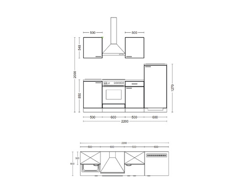 Technische Zeichnung einer Küchenzeile mit Maßen.