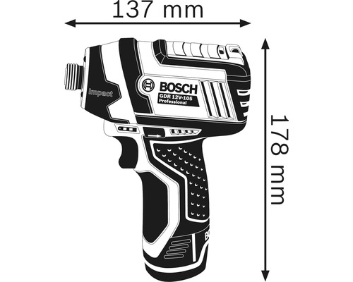 Visseuse à chocs à batterie Bosch GTR 12V-105 Professional avec dimensions : 137 mm de largeur et 178 mm de hauteur