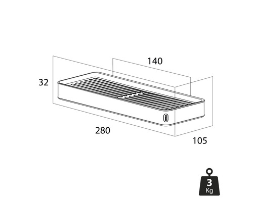 Technische Zeichnung einer Wandablage mit Maßangaben und Gewichtsangabe