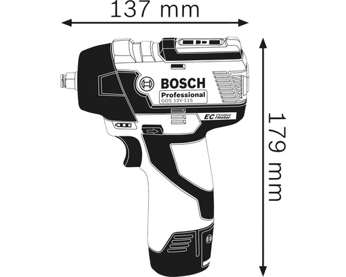 Image de la clé à choc sans fil Bosch GDS 12V-115 avec des dimensions de 137 mm de large et 179 mm de haut