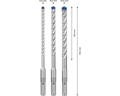 Drei Betonbohrer in den Größen 6,0 mm, 8,0 mm und 10,0 mm.