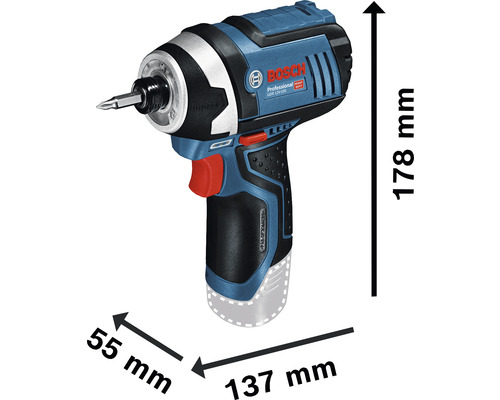Visseuse à percussion sans fil Bosch avec des dimensions de 178 mm de hauteur, 55 mm de largeur et 137 mm de longueur.