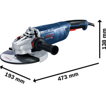Bosch Winkelschleifer mit den Maßen 473 mm Länge, 193 mm Breite und 138 mm Höhe