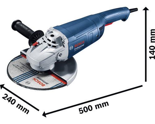 Meuleuse d''angle Bosch Professional GWS 20-230 J avec des dimensions de 500 mm de long, 240 mm de large et 140 mm de haut