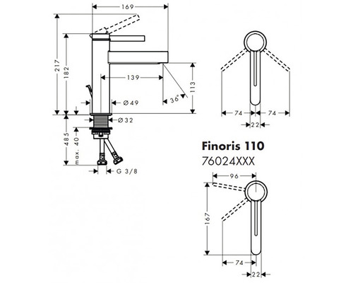 Technische Zeichnung des Finoris 110 Waschtischmischers mit Maßangaben