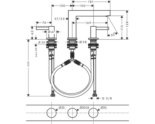 Technische Zeichnung einer Armatur mit Maßen