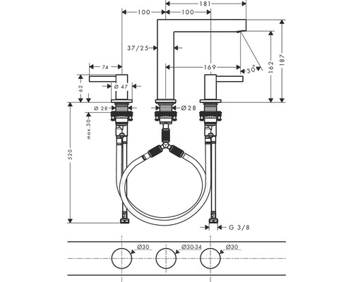Maßzeichnung einer Waschtischarmatur zur Darstellung der Abmessungen.