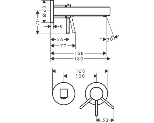 Technische Zeichnung einer Armatur mit Maßangaben
