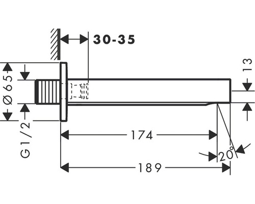 Technische Zeichnung einer Wandauslaufarmatur mit Maßangaben
