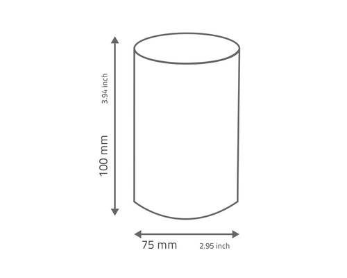 Illustration d''un cylindre avec des dimensions de 100 mm de hauteur et 75 mm de diamètre.