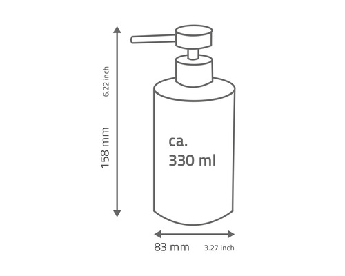 Schéma technique d''un distributeur de savon avec dimensions environ 330 millilitres