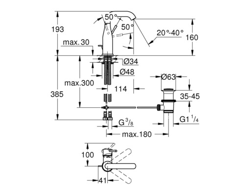 Schéma technique d''un robinet avec indication des dimensions
